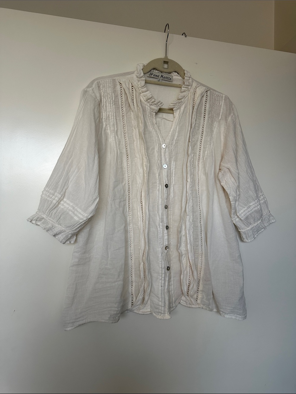 Light Cream/blush pink Ruffle Button-Front linen Blouse